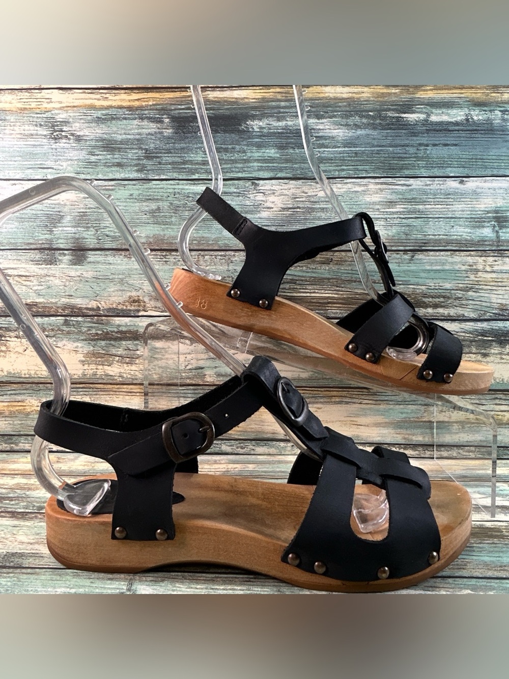 Sanita Olise Flex T-Strap Sandal Womens Size 7/38 Black Leather Buckle Strap